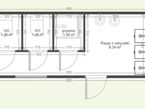 Container 6x2,5 Sanitär WC + Dusche + WC
