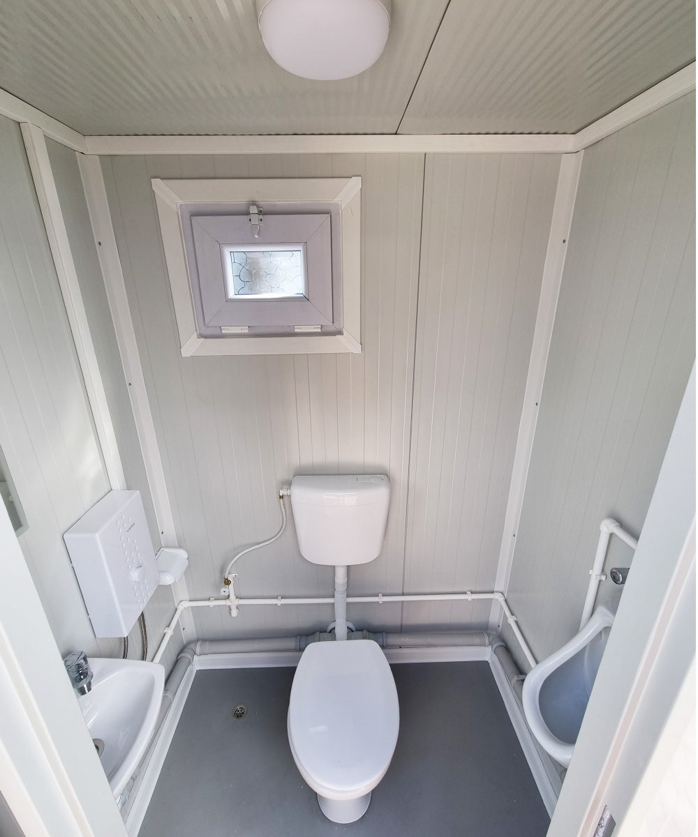Sanitärcontainer RAL 9002 - Klo Pissoir Waschbecken mit Warmwasser